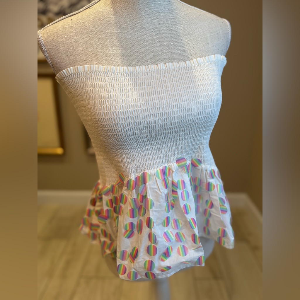 New! Queen Of Sparkles White Smocked Rainbow Sequin Paillette Top